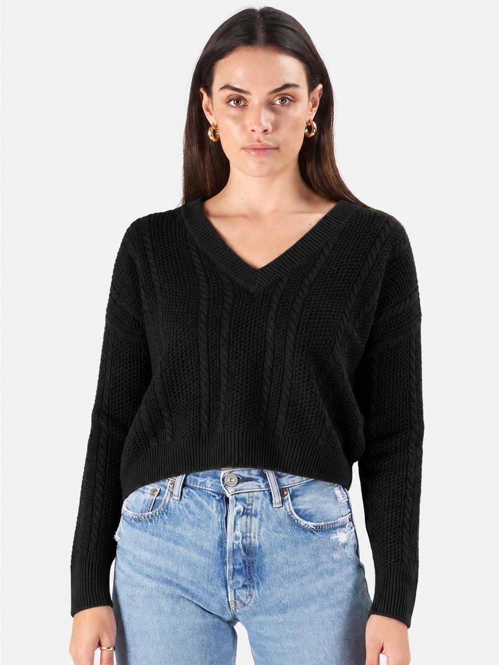 NADAAM Black Cable Knit 100% Cashmere Sweater V-Neck Luxury Size XS